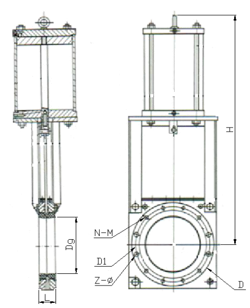 對(duì)夾式氣動(dòng)無隙閘閥結(jié)構(gòu)示意圖